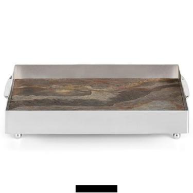 Imagem de Bandeja Galeria Lisa Retangular Grande Níquel com Fundo de Pedra Multi
