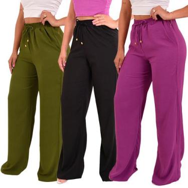 Imagem de Kit 3 Calça Pantalona Feminina Cintura Alta Tendência Larga Altíssima 