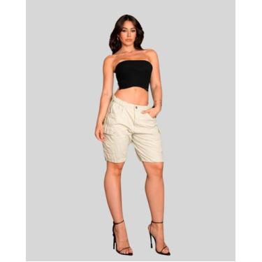 Imagem de Bermuda Sarja Parachute Cargo Feminina Cintura Média Bolsos 23324 Crem