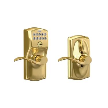 Imagem de SCHLAGE Maçaneta de teclado Camelot FE595 CAM 505 16-234 10-027 com trava flexível, latão brilhante