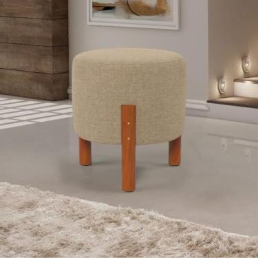 Imagem de Puff Redondo Luxo Decorativo Charme Thor com Pés de Madeira Linho Bege - PC MÓVEIS