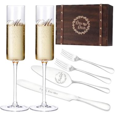 Imagem de Conjunto de 2 taças de champanhe de casamento, presentes de casamento, taças de champanhe de cristal para Sr. e Sra. Presentes de chá de panela, presentes de casamento, presentes de noivado para casal