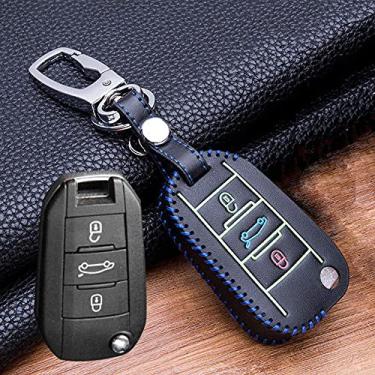 Imagem de CSHU Couro Car Key Case Cover Keychain Ring Key Bag, apto para Peugeot 107 206 207 208 306 307 301 308S 407 2008 3008 4008 5008 RCZ Citroen C2 C3 C4 C5, C, azul