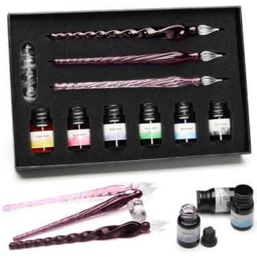 Imagem de ESSSHOP Conjunto de caligrafia de caneta de vidro – Conjunto de 3 canetas de cristal roxo e suporte de caneta de tinta colorida, materiais de arte para assinaturas, iniciantes, diário, letras,