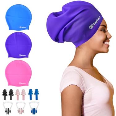 Imagem de Touca de natação feminina extragrande para tranças e dreadlocks, toucas de natação de silicone para manter o cabelo seco para extensões de cabelo comprido, pacote com 3