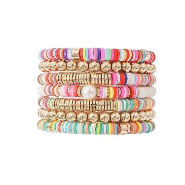 Imagem de LYNMOS Conjunto de pulseiras coloridas Heishi com contas de argila para mulheres empilháveis disco de vinil com contas de polímero, pulseiras elásticas preppy boêmio verão pulseiras de praia joias, 6.8 Inch, Argila de polímero, Sem pedras preciosas