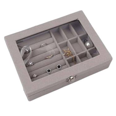 Imagem de Porta Joias Veludo Compacto Com Tampa De Vidro Divisórias