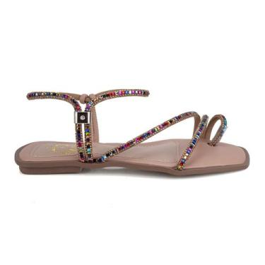 Imagem de Sandália Rasteirinha Feminina Marrom Com Strass Colorido - Rizzi Shoes