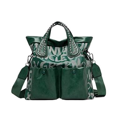 Imagem de Moda Bolsa Feminina Letra Rebite Bolsa de Ombro de Luxo de Couro de Alta Capacidade Bolsa Carteiro Preto de Grande Capacidade(Green,13 * 13 * 5inch)