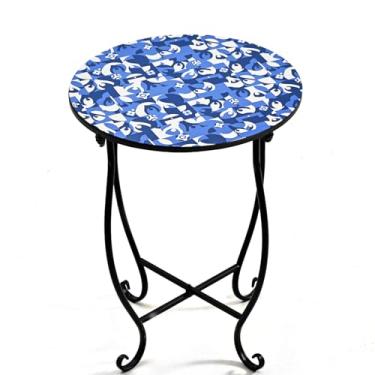 Imagem de Mesa lateral pequena redonda, 35,5 cm, de aço resistente a metais, com padrão azul e branco