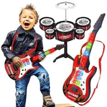 Imagem de Kit guitarra infantil eletronica com luz e som e mini bateria brinquedo musical educativo presente natal dia das crianças menino e menina brinquedos musicais (Bateria Vermelha)
