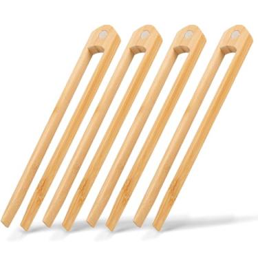 Imagem de Jowmoy 4 pinças magnéticas de bambu natural, pinças para torradas, pinças de bambu, design deslizante, para torradeira, frutas, pão e picles, utensílios de cozinha, salada, macarrão, grelhar,