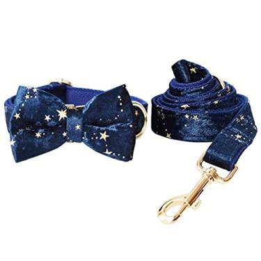 Imagem de Conjunto de coleira e trela de veludo azul escuro para cães de Natal dourado estrelas personalizadas ID coleira para animais de estimação com gravata borboleta presente de filhote de cachorro