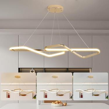 Imagem de TONGCIYU Lustres para sala de jantar modernos,dimerizável Lustre pendente sala de jantar,lustre pendente com controle remoto (Ouro Polido,L84xcmW28cm 28W)