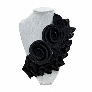 Imagem de Remendos de renda com flores plissadas 3D, roupas feitas à mão, colarinho remendo no peito, apliques de tecido, acessórios de costura para vestido de noite de casamento DIY (estilo 2 preto)
