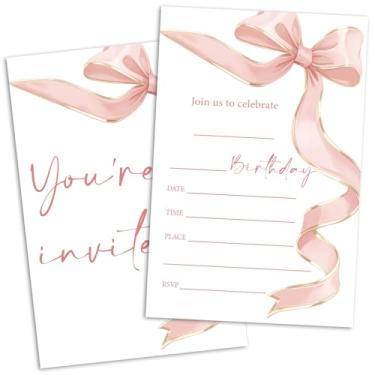 Imagem de Convites de aniversário de laço rosa, convites de festa de aniversário de laço de fita rosa para meninas, senhoras, adultos, adolescentes, suprimentos de celebração de festa de aniversário, 20
