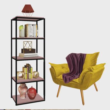 Imagem de Kit Poltrona Fatte com Manta Soft Bordô e Estante Livreiro Ferro Preto mdf Rose Suede Amarelo - Ahazzo Móveis