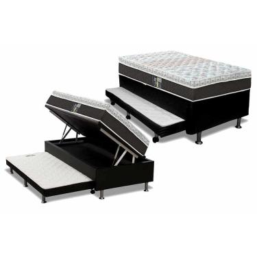 Imagem de Cama Box Baú c/Auxiliar Solteiro: Colchão Molas Castor Pocket Class Híbrido + Base crc Courano Black(88x188)