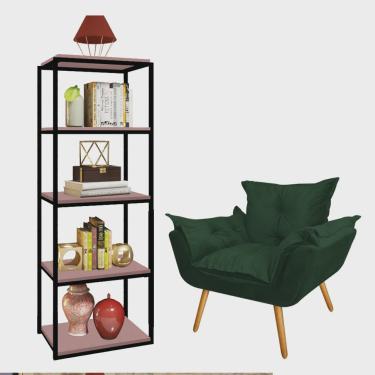 Imagem de Kit Poltrona Fatte com Estante Livreiro Ferro Preto mdf Rose Suede Verde Musgo - Ahazzo Móveis