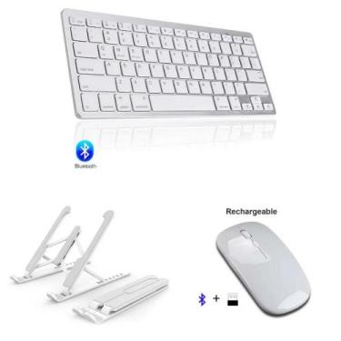 Imagem de Teclado E Mouse Bluetooth Branco + Suporte Ergonômico P/ Tablet SM Gal