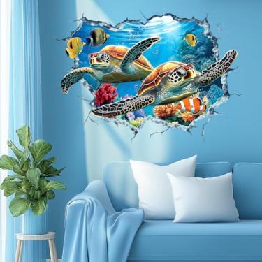Imagem de beinkmake Adesivos de parede 3D sob o mar oceano tartaruga peixe coral decalques de parede simulação buraco rachadura animal parede adesivos arte quebrado papel de parede para meninos quarto sala de