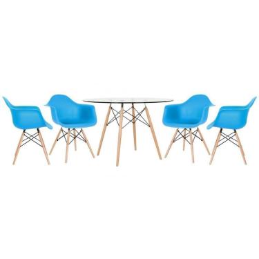 Imagem de Mesa Redonda Eames Com Tampo De Vidro 120 Cm + 4 Cadeiras Eiffel Daw Azul Céu Azul Céu