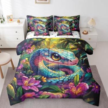 Imagem de Jogo de cama casal de desenho animado de cobra, flor da selva tropical, 7 peças com edredom, lençol de cima, 2 fronhas, 2 fronhas, 2 fronhas, animal réptil mágico