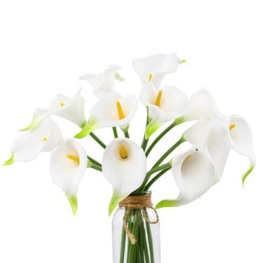 Imagem de DuHouse 12 peças de flores artificiais de lírio de cala, flores de látex de toque real para decoração de casa, buquê de casamento, festa (núcleo branco-amarelo)