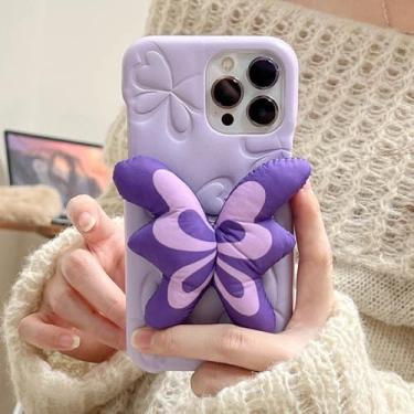 Imagem de Capa de celular fofa com estampa de borboleta e flor de algodão em formato de coração e nuvem de marshmallow 3D para iPhone 15, 14, 13, 11, 12 Pro Max, couro PU com relevo, roxa, para iPhone 15Pro Ma