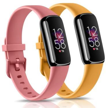 Imagem de Pacote com 2 pulseiras Fitbit Luxe para mulheres e homens, pulseira de substituição de silicone macio para Fitbit Luxe/Luxe edição especial rastreador fitness (vermelho coral/amarelo, grande)