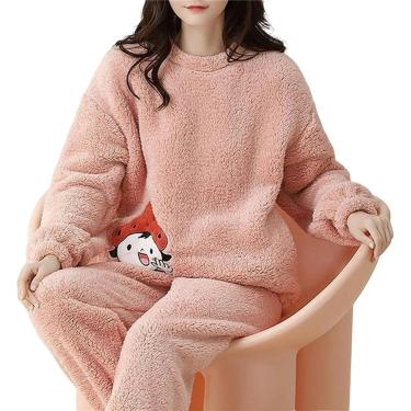 Imagem de Conjuntos De Pijama Feminino Conjunto De Pijama Quente De Inverno Feminino, Pijamas De Pelúcia, Conjunto De Roupas De Casa De Camurça Grossa Quente, Color1, L