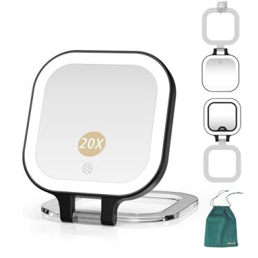 Imagem de Mocado Espelho compacto de maquiagem para viagem, espelho de ampliação 1X/20X com luz, espelho compacto de dois lados com luz de 3 cores, espelho portátil regulável, carregador de viagem para bolsa