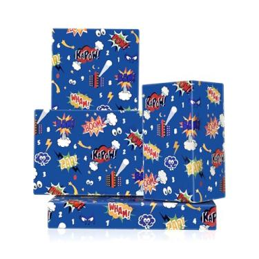 Imagem de Papel de embrulho com tema de quadrinhos azul, ZAPOW! KAPOW! POW! WHAM! BAM! Impressão plana dobrada 4 peças de folhas de arte para mulheres homens aniversário chá de bebê festa de presente embalagem