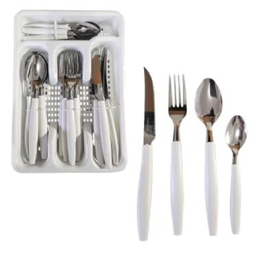 Imagem de Jogo de Talhares Faqueiro Inox 25u + Suporte Gaveteiro Restaurante Completo Moderno Faca Colher Garfo (Branco)