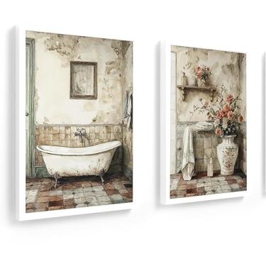 Imagem de Kit 2 quadros 18x24 cm com vidro, banheiro, lavabo, Creme (branco)