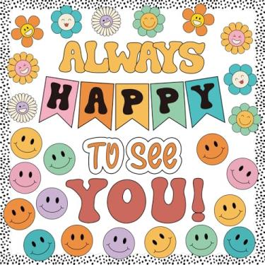 Imagem de VABAMNA Conjunto de 63 peças de decoração de quadro de avisos descolado, retrô, rosto sorridente, decoração de sala de aula com acabamentos de borda de pontos pretos para decoração de porta de parede