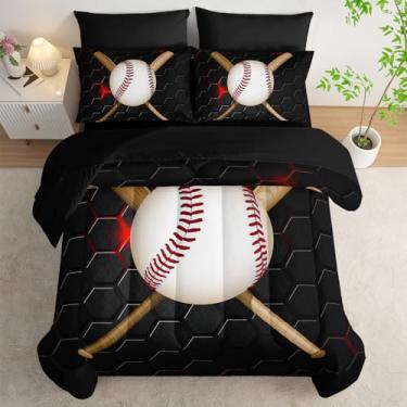 Imagem de HOSIMA Conjunto completo de edredom de beisebol de 7 peças com lençóis, roupa de cama esportiva, estampa de taco de beisebol e beisebol, para decoração de quarto de meninos e adolescentes, cama com