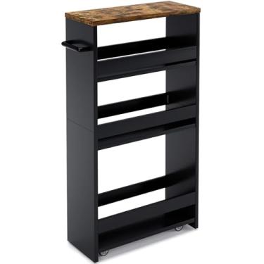 Imagem de MARTY Carrinho de armazenamento com rodinhas 4 camadas preto carrinho de cozinha com rodas, carrinho de armazenamento fino com alça deslizante para fora carrinho utilitário unidade organizador