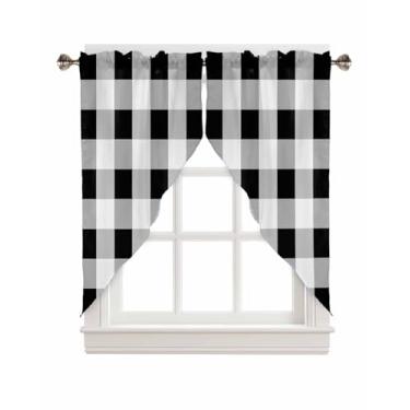 Imagem de BEMIGO Cortinas Swag para janelas, cortinas de janela de cozinha com bolso de haste xadrez búfalo sobre a pia, cortinas de janela quadriculadas pretas e brancas com painel, valências, 91 cm de