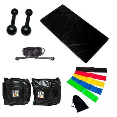 Imagem de Kit Colchonete Preto + Par de Caneleira 5kgs + Par de Halter Bola Pint