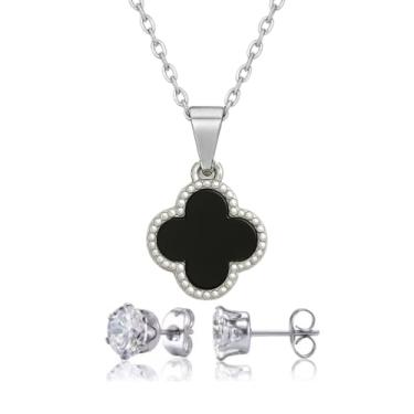 Imagem de Conjunto Colar Trevo Preto Par Brincos Corrente Aço Inox