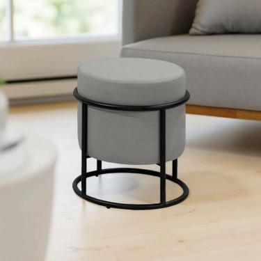 Imagem de Puff Banqueta Decorativo Redondo Base de Ferro Moscow Linho Cinza Claro