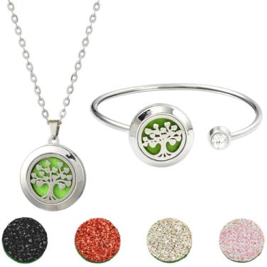 Imagem de SUNNYCLUE 1 pulseira difusor de óleo essencial, 1 colar de óleo essencial com 10 unidades de refil árvore da vida pulseira ajustável de aço inoxidável pulseiras colares joias de aromaterapia para