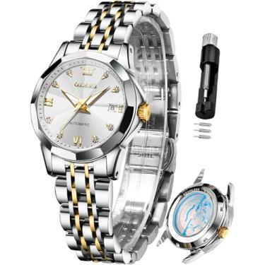 Imagem de OLEVS Relógio de pulso feminino automático com diamante, com corda automática, luxuoso, casual, à prova d'água, luminoso