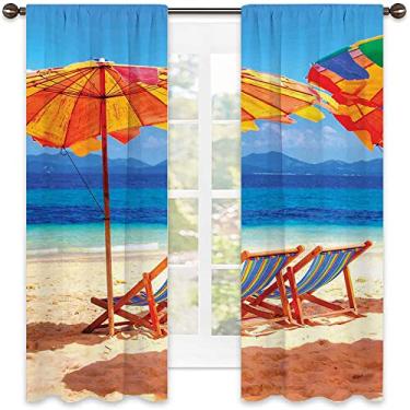 Imagem de Cortina de isolamento térmico à beira-mar, espreguiçadeiras com vista para o mar tropical da Tailândia, imagem exótica de férias, para sala de estar ou quarto, L 132 x C 198 cm laranja azul