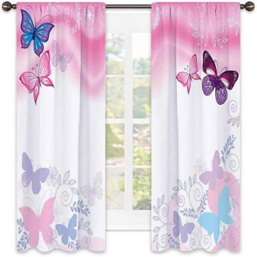 Imagem de Cortina blackout de desenho animado, flores e borboletas com folhas onduladas e design de verão, decorações de janela de festa de cerimônia de casamento, L132 x C 182 cm rosa branco marrom