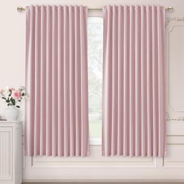 Imagem de SHINELAND Cortinas blackout rosa bebê 153 cm de comprimento para quarto estética curta, aba traseira preta ganchos de bolso para haste plissadas rosa pálido conjunto de 2 painéis