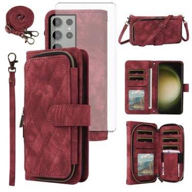 Imagem de Capa de celular para Samsung Galaxy S23 Ultra 5G carteira celular com protetor de tela de vidro temperado alça transversal alça flip zíper bolsa porta-cartões S23Ultra 23S S 23 23Ultra 17.3 cm