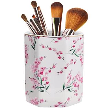 Imagem de LEAZUL Porta-lápis para organizador de mesa, organizador de armazenamento de utensílios de escrita de cerâmica estética padrão floral suporte de caneta copo de caneta suporte de pincel de maquiagem presente criativo para suprimentos de mesa, vida escolar rosa