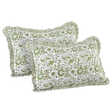 Imagem de Capa de almofada de babados CPC verde ágata 100% algodão com estampa de bloco 50 x 76 cm, pacote com 2, fronha floral boho feita à mão, capa de almofada Lumar decorativa macia para decoração de quarto